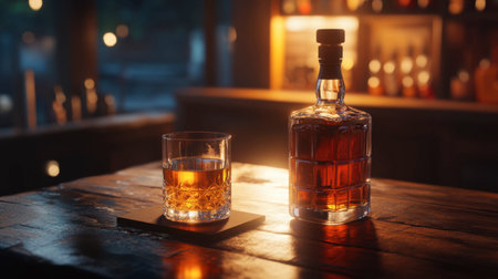 A vintage whiskey bottle and glass set on a wooden bar top, illuminated by warm, inviting light.の素材