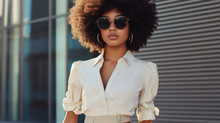 A woman with a natural afro walking confidently in a stylish outfit, her hair perfectly framing her face.の素材