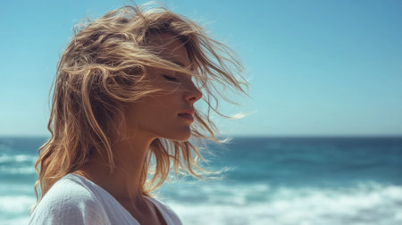 A woman with beachy waves standing by the shoreline, her hair tousled by the ocean breeze.の素材