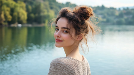 A woman with a messy bun standing by a lake, her casual hairstyle adding to her carefree beauty.の素材