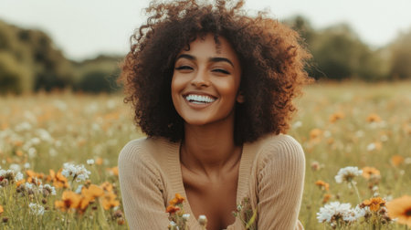 A woman with bouncy, natural curls sitting in a field of wildflowers, her hair framing her joyful smile.の素材
