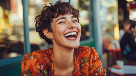 A woman with a pixie cut laughing joyfully in an outdoor caf, her short hair adding to her playful style.の素材