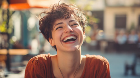 A woman with a pixie cut laughing joyfully in an outdoor caf, her short hair adding to her playful style.の素材