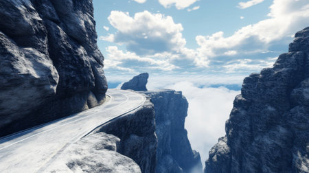 A winding road cutting through a mountain pass, with towering cliffs on either side and clouds overhead.の素材