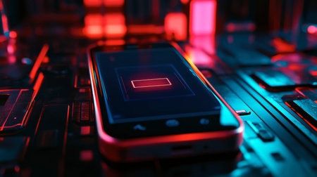 A battery level indicator on a device screen showing full charge, capturing a moment of readiness and preparedness.の素材