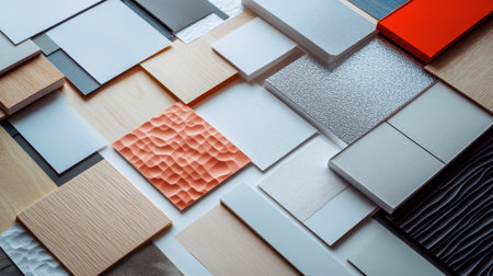 A creative setup with a variety of textured paper samples, including embossed, glossy, and matte finishes, laid out for design purposes.の素材