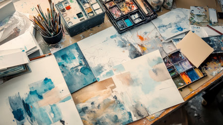 An artists workspace with various types of paper, including sketchpads, watercolor paper, and drafting sheets, scattered around.の素材