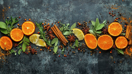 An artistic arrangement of orange spices and herbs on a dark background, showcasing their rich colors and textures.の素材