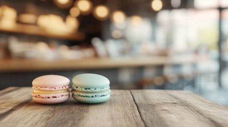 A close-up of three macarons in pastel shades, resting on a rustic wooden table with a blurred background of a chic creating a serene ambiance.の素材