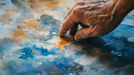 An artists hand applying watercolor to a textured paper, capturing the artistic process and the quality of the paper used for painting.の素材