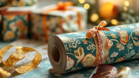 A close-up of a roll of craft paper being used for wrapping gifts, with decorative ribbon and a gift box in the background.の素材