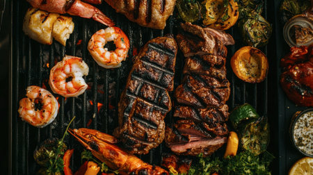 An overhead shot of a barbecue grill filled with marinated meats, seafood, and veggies, showing vibrant colors and perfect grill marks.の素材