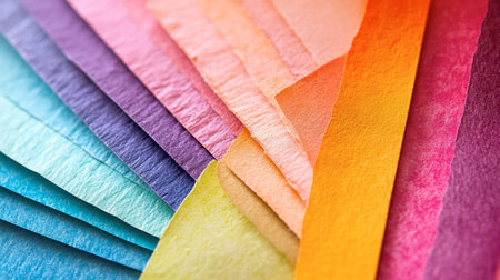 Close-up of colorful crafting paper arranged in a fan, highlighting the variety of textures and vibrant hues for creative projects.の素材