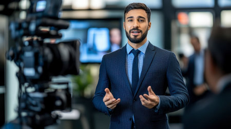 A businessperson in a suit giving a media interview in front of a camera, addressing the press with confidence.の素材