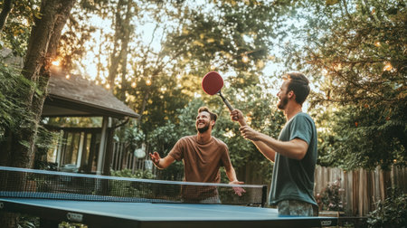 Two friends laughing and playing a casual ping pong game in a backyard, paddles raised and the ball flying between them in a fun, outdoor setting.の素材