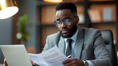 A business professional reviewing documents at a desk, with a serious and focused expression.の素材