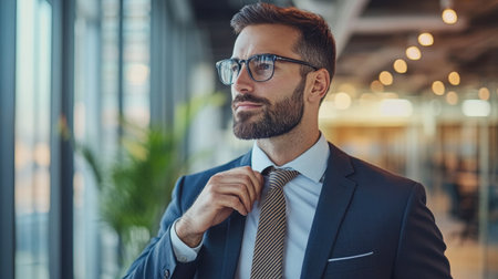 A business professional preparing for a meeting in a sleek corporate office, adjusting a tie and checking notes.の素材