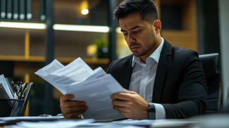 A businessperson sitting at a desk, looking through a stack of documents with a serious expression.の素材