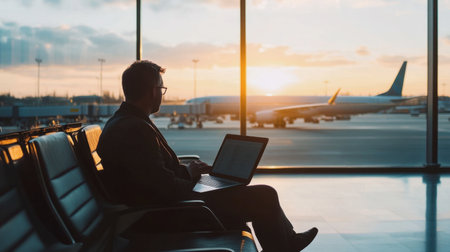 A businessperson sitting in an airport lounge, working on a laptop while waiting for their flight.の素材
