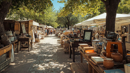 A bustling flea market in Provence, with antiques, books, and pottery on display.の素材