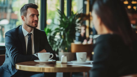 A businessperson sitting at a table in a having a professional meeting over coffee.の素材