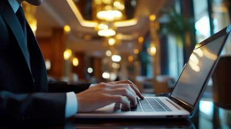 A businessperson typing on a laptop in a hotel lobby, preparing for an important client meeting.の素材