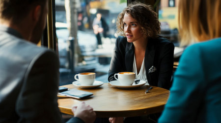A businessperson sitting at a table in a having a professional meeting over coffee.の素材