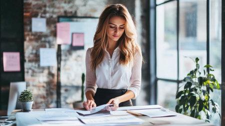 A businesswoman standing at her desk, reviewing project notes with determination in her expression.の素材