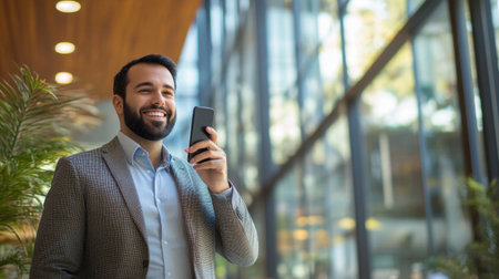 A businessperson smiling while talking on a smartphone in a sleek, modern office building.の素材
