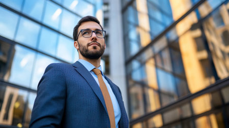 A businessperson standing in front of an office building, looking determined and ready to conquer the day.の素材