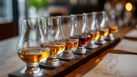 A close-up of a neatly arranged whiskey flight, with different types of whiskey served in elegant glasses.の素材