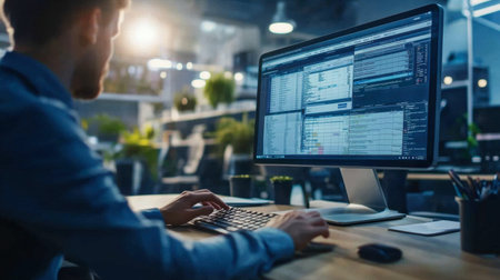 A busy office setting with a businessperson typing on a desktop computer, focusing on a project deadline.の素材