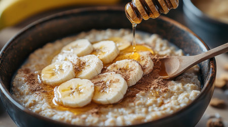A cozy breakfast scene with a warm bowl of oatmeal topped with sliced bananas, honey, and a sprinkle of cinnamon.の素材