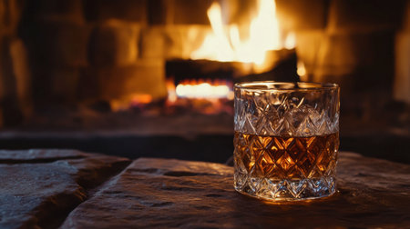 A cozy fireplace setting with a glass of bourbon, evoking warmth and relaxation on a chilly evening.の素材