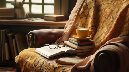 A cozy coffee nook with a cup of coffee, a stack of books, and a pair of reading glasses on a comfortable armchair.の素材