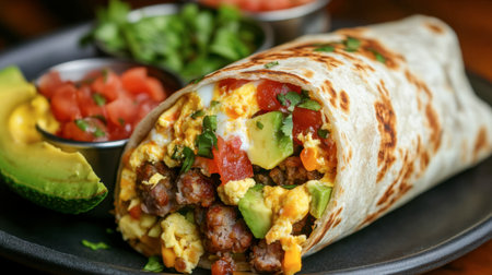 A hearty and flavorful breakfast burrito filled with eggs, sausage, cheese, and avocado, served with salsa.の素材