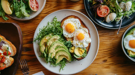 A gourmet brunch setup featuring avocado toast, poached eggs, and a side of mixed greens, beautifully plated.の素材