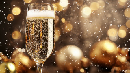 A glass of sparkling champagne with bubbles rising, set against a festive backdrop of New Year's decorations.の素材