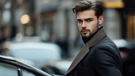 A man with a classic, well-groomed hairstyle standing by a luxury car, his hair adding to his sophisticated look.の素材