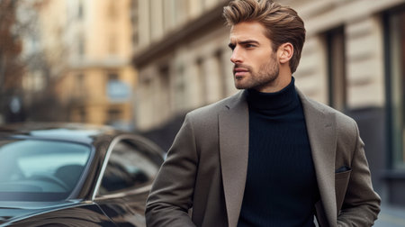 A man with a classic, well-groomed hairstyle standing by a luxury car, his hair adding to his sophisticated look.の素材