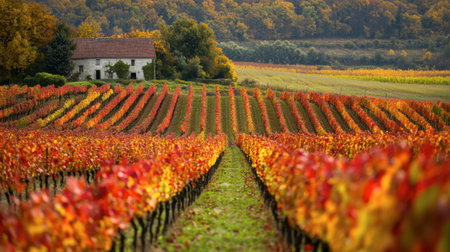 A French vineyard in autumn, with grapevines turning shades of red and gold.の素材