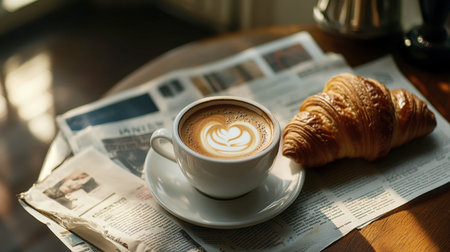 A cup of hot coffee with a perfect swirl of cream, served with a croissant and a newspaper on a breakfast table.の素材