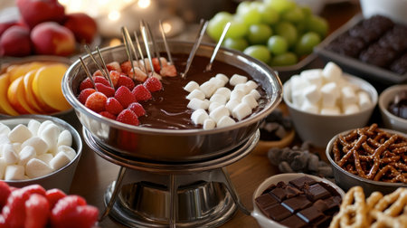 A decadent chocolate fondue setup with an assortment of dippable fruits, marshmallows, and pretzels.の素材