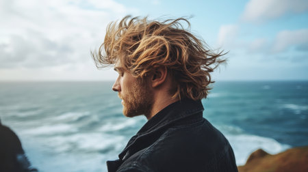 A man with medium-length wavy hair standing on a cliff, his hair blowing in the strong ocean breeze.の素材