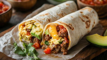 A hearty and flavorful breakfast burrito filled with eggs, sausage, cheese, and avocado, served with salsa.の素材