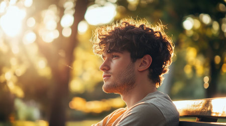 A man with short, curly hair sitting on a park bench, his hair catching the sunlight as he enjoys a moment of peace.の素材