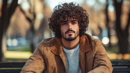 A man with thick, curly hair sitting on a park bench, his hair adding texture and volume to his overall look.の素材