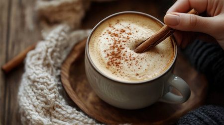 A person stirring a cup of coffee with a cinnamon stick, adding a touch of spice to their morning beverage.の素材