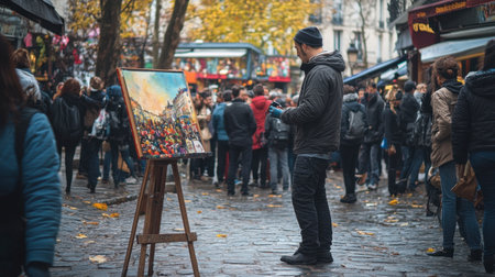 A street artist painting near the Place du in Montmartre, with a crowd of tourists looking on.の素材
