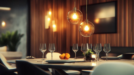 A stylish "Y" shaped pendant light illuminating a contemporary dining area with a warm, inviting glow.の素材